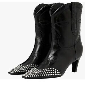Black Rhinestones Square Toe Comfort Kitten Low Heel Ankle Boot Pull On Bootie
